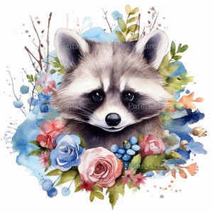Watercolor Raccoon with Flowers Sublimation Wall art, Raccoon Digital Clipart, Racoon Printable Nursery Wall decor