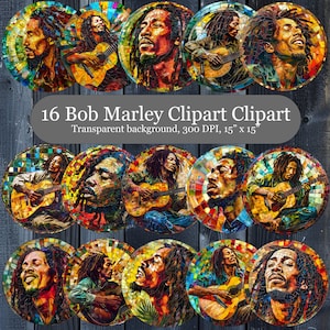 16 Vitrail Bob Marley en sublimation PNG, vitrail rond Bob Marley Clipart numérique, Bob Marley jouant de la guitare art mural imprimable