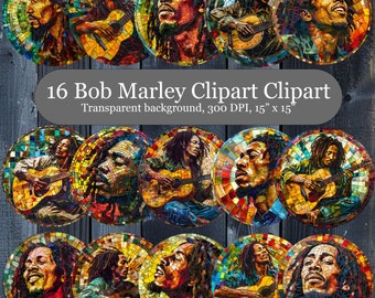 16 Stained Glass Bob Marley Sublimation PNG, Round Stained Glass Bob Marley Digital Clipart, Bob Marley Playing Guitar Printable Wall art