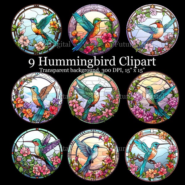 9 Stained Glass Hummingbird Digital Clipart, Hummingbird with Flowers Sublimation PNG, Flying Hummingbird Printable Wall art