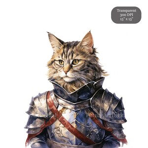 Pode incluir: Uma pintura em aquarela de um gato tigrado vestido como um cavaleiro em armadura brilhante. O gato est&aacute; usando um capacete e uma coura&ccedil;a prateados com detalhes vermelhos e azuis. O gato tem uma express&atilde;o s&eacute;ria no rosto.