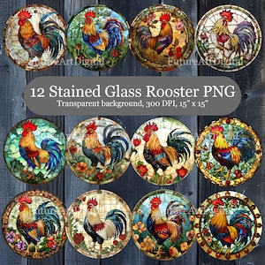 May include: Twelve stained glass rooster illustrations with a transparent background. Each image features a rooster with a colorful stained glass design, set against a background of flowers and leaves. The images are 15 inches by 15 inches and 300 DPI.