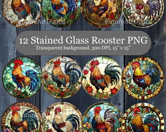 12 Stained Glass Rooster Sublimation Design, Farm PNG, Door Hanger Template, Round Door Sign Sublimation Clipart, Rooster PNG Bundle