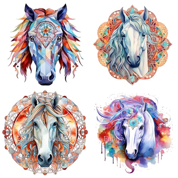 Aquarelle mandala cheval sublimation PNG, mandala cheval numérique des cliparts, art mural imprimable tête de cheval
