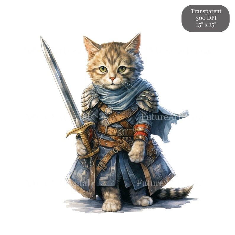 Pode incluir: Um gato tigrado vestido de cavaleiro, com armadura azul e uma capa azul, segurando uma espada prateada. O gato est&aacute; em p&eacute; sobre uma superf&iacute;cie marrom.