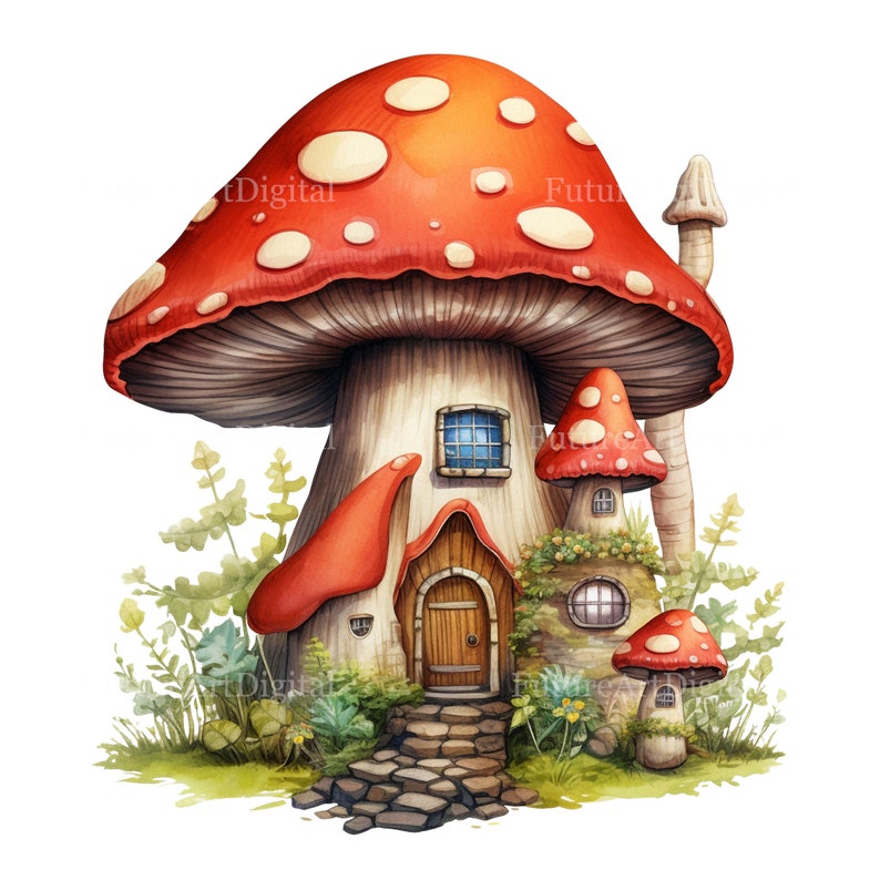 Set of 8 Watercolor Mushroom House Digital Clipart, Mushroom Fairy ...