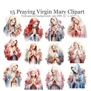 15 aquarel Maagd Maria digitale clipart, bidden Maagd Maria sublimatie PNG, Maagd Maria afdrukbare muurkunst