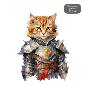 Pode incluir: Uma pintura em aquarela de um gato vestindo uma armadura de prata com detalhes dourados. O gato tem p&ecirc;lo laranja e olhos amarelos. A armadura tem uma faixa vermelha e um emblema dourado no peito.