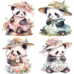 Aquarelle de bébé panda dans une sublimation de robe PNG, art mural de chambre de bébé panda, panda portant une robe et un chapeau imprimable décoration murale