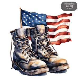 May include: A pair of brown leather work boots with laces, set against a backdrop of a waving American flag. The flag is red, white, and blue with stars on the blue field.