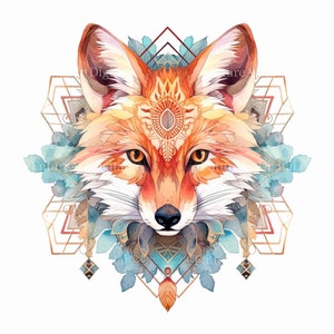Aquarel Mandala Fox sublimatie clipart, Mandala Fox digitale clipart, Fox afdrukbare muur kunst, digitale download