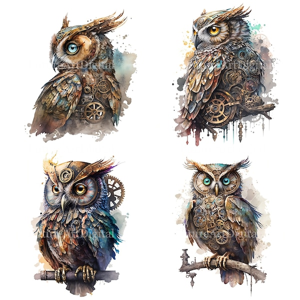 Watercolor Steampunk Owl Sublimation PNG, Steampunk Owl Digital Clipart, Owl Printable Wall art, Digital Download