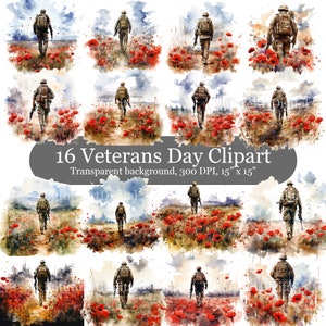 Lot de 16 cliparts aquarelle pour la fête des anciens combattants, 16 cliparts aquarelle pour le jour du Souvenir, Sublimation PNG pour L'oublier