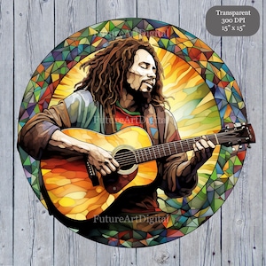 Stained Glass Bob Marley Digital Clipart, Bob Marley Sublimation PNG, Bob Marley with Guitar Printable Wall art