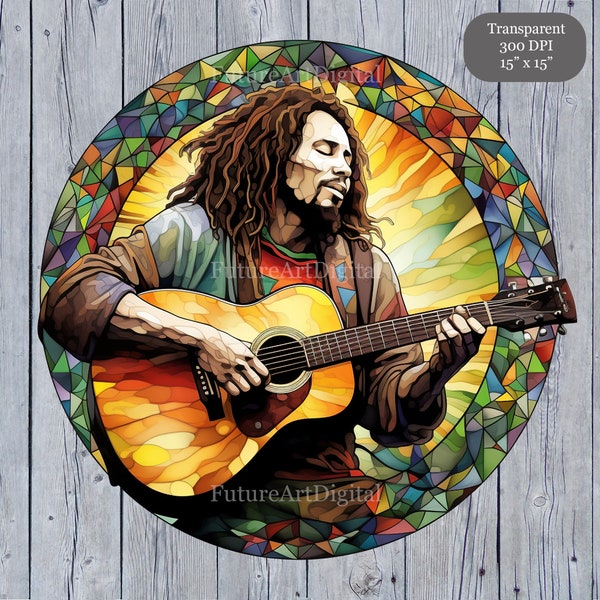 Stained Glass Bob Marley Digital Clipart, Bob Marley Sublimation PNG, Bob Marley with Guitar Printable Wall art