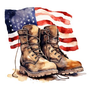 Puede incluir: Ilustraci&oacute;n en acuarela de botas de combate con cordones marrones, sobre una bandera estadounidense ondeando. Las botas son de color marr&oacute;n claro, y la bandera presenta rayas rojas y blancas con un campo de estrellas azul.