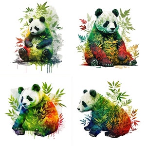May include: Four watercolor illustrations of pandas surrounded by colorful foliage. Each panda is depicted in a different pose, with vibrant green, red, and yellow colors.