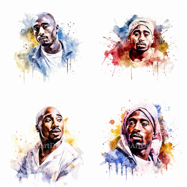 Clipart numérique Tupac aquarelle, Sublimation PNG Tupac, 2Pac art mural imprimable, téléchargement numérique