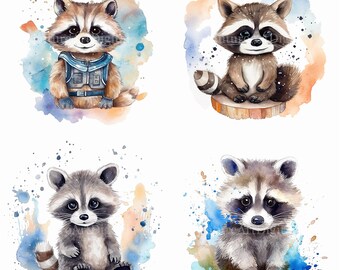 Watercolor Baby Racoon Digital Clipart, Raccoon Printable Nursery Room decor, Raccoon Sublimation PNG