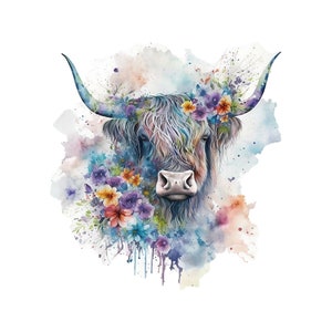 Watercolor Highland Cow Sublimation Design, Highland Cow PNG, Highland Cow Printable art, Watercolor Cow Digital Clipart