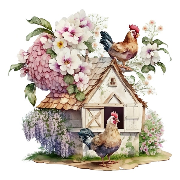 Watercolor Hen House Sublimation PNG, Hen House Digital Clipart, Hen House Printable Wall art, Chicken PNG