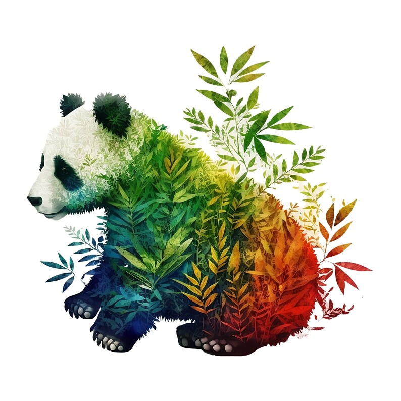 May include: A colorful illustration of a panda bear made up of green, blue, and red leaves. The panda is sitting on its haunches with its head turned to the side.
