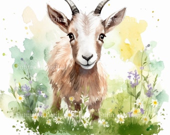 Acuarela cabra digital clipart, sublimación de cabra PNG, arte de pared de vivero imprimible de cabra, descarga digital
