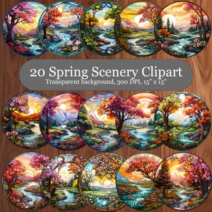 20 Glasmalerei Frühling Clipart, schöne Landschaft PNG Bundle, rundes Glasmalerei Suncatcher Sublimation Clipart, digitaler Download