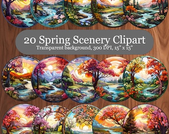 20 Stained Glass Spring Clipart, Beautiful Scenery PNG Bundle, Round Stained Glass Suncatcher Sublimation Clipart, Digital Download