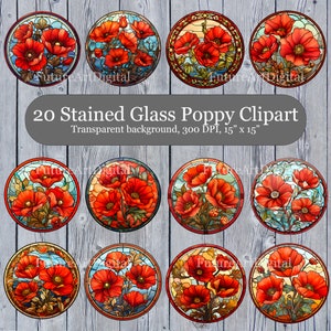 20 Clipart numérique de vitrail coquelicot, coquelicot en sublimation PNG, art mural imprimable vitrail coquelicot, téléchargement numérique