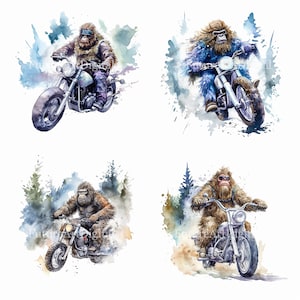 Watercolor Bigfoot Riding a Motorcycle Sublimation PNG, Bigfoot Digital Clipart, Bigfoot on Motorcycle Printable Wall art