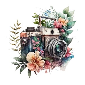 Watercolor Camera Sublimation PNG, Camera Digital Clipart, Camera Printable Wall art, Digital Download