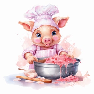 Watercolor Baking Baby Pig Digital Clipart, Baby Pig Baking Sublimation PNG, Baby Pig Printable Nursery Room decor