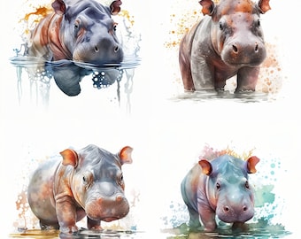 Aquarel Baby Hippo PNG, Safari Animal Digital Clipart, Baby Hippo Sublimatie kunst, Digitaal downloadbestand
