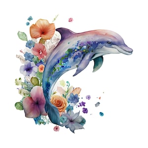 Aquarelle dauphin numérique Clipart, art mural de chambre d'enfant dauphin, dauphin sublimation PNG, décoration murale dauphin