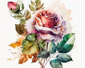 May include: A watercolor painting of a single rose with pink and red petals, surrounded by green leaves and brown branches. The rose is in the center of the image and is the focal point. The background is a light brown watercolor wash.