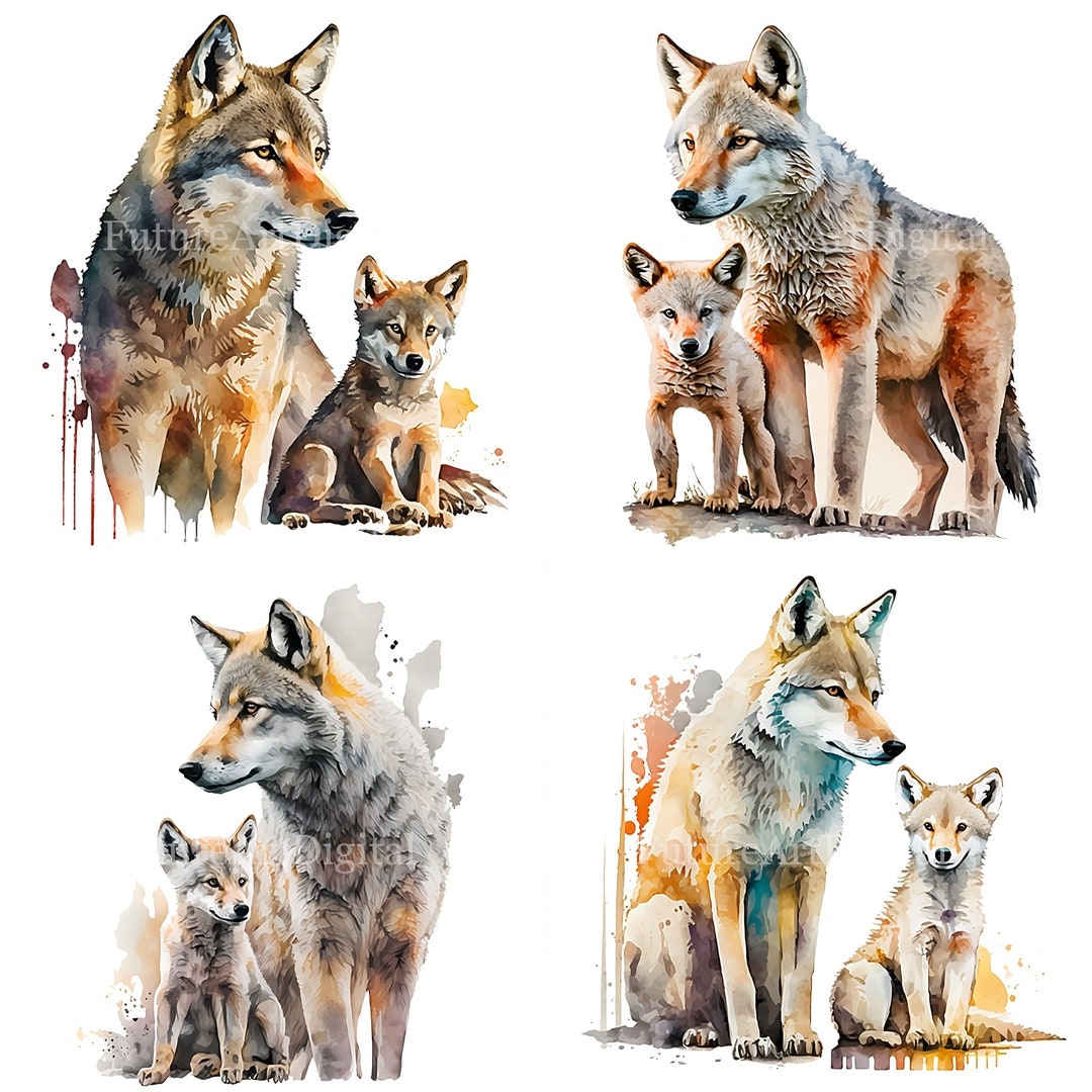 Watercolor Wolf Baby and Wolf Mom Sublimation PNG, Wolf Family Digital ...