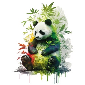 May include: A watercolor painting of a panda bear sitting in a lush green jungle. The panda is black and white with a cute expression. The jungle is full of vibrant green leaves and flowers.