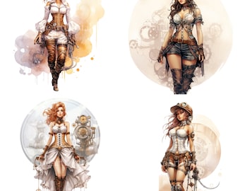 Watercolor Steampunk Girl Sublimation PNG, Steampunk Woman Digitam Clipart, Steampunk Girl Printable Wall art
