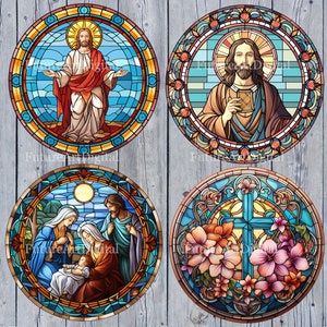 May include: Four stained glass round designs. The first design features a man in a red robe with his arms outstretched. The second design features a man in a blue robe holding a book. The third design features a family of three with a baby. The fourth design features a cross with flowers.