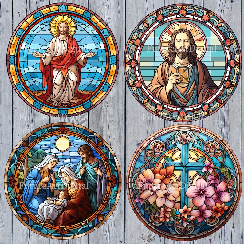 May include: Four stained glass round designs. The first design features a man in a red robe with his arms outstretched. The second design features a man in a blue robe holding a book. The third design features a family of three with a baby. The fourth design features a cross with flowers.