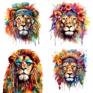 Acuarela Hippie León Digital Clipart, Hippie León Sublimación PNG, Acuarela León Arte de la pared, Decoración de pared imprimible hippie