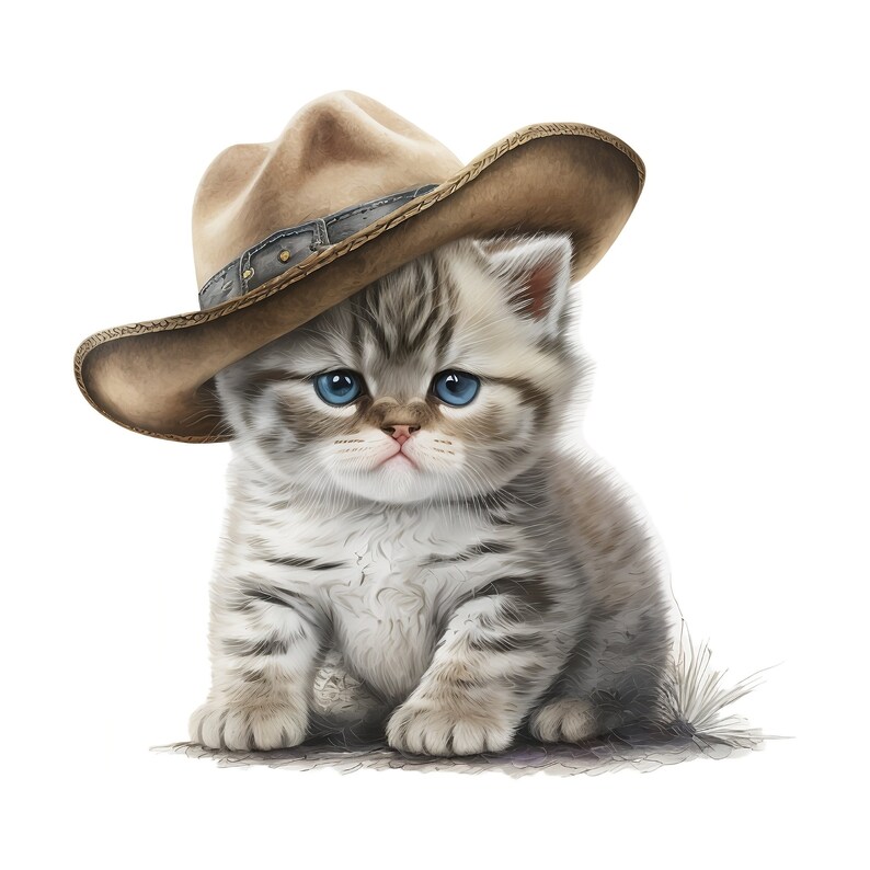 Puede incluir: Un lindo gatito gris y blanco con un sombrero de vaquero marr&oacute;n con una banda de mezclilla. El gatito tiene ojos azules y est&aacute; sentado sobre un fondo blanco.