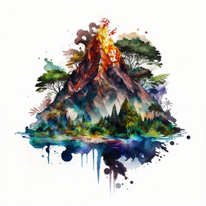 May include: A watercolor painting of a volcanic island with a fiery eruption. The island is surrounded by lush green trees and a blue lagoon. The painting is done in a vibrant style with splashes of color.