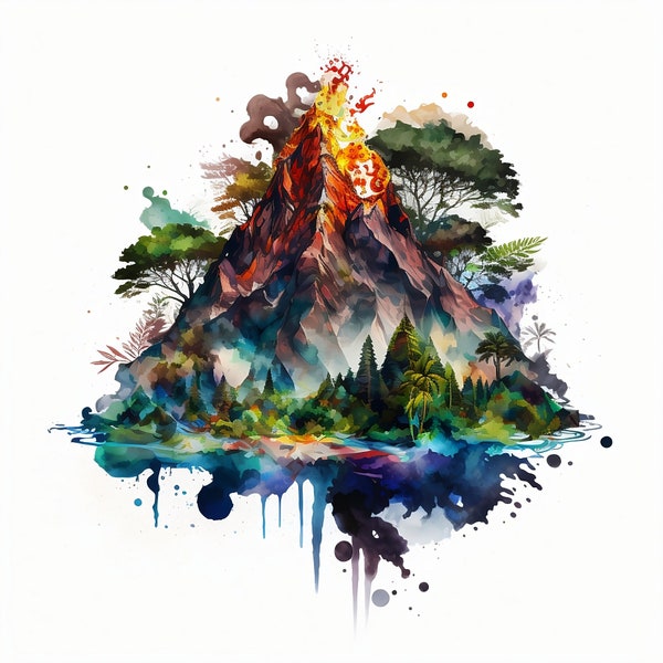 Watercolor Volcano PNG, Volcano on an Island Digital Clipart, Volcano Sublimation Decor, Digital Download Wall Art