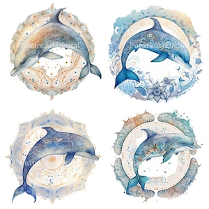 Aquarelle mandala dauphin sublimation PNG, dauphin numérique Clipart, art mural imprimable dauphin, décoration murale en téléchargement numérique