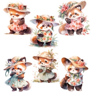 Aquarela bebê panda vermelho em um vestido de flor sublimação PNG, panda vermelho para impressão decoração de quarto de berçário, bebê panda vermelho em um vestido arte digital