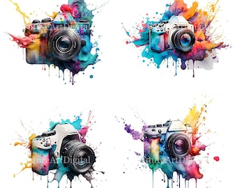 May include: Four cameras are surrounded by colorful paint splatters. The cameras are all different models and have a white body with black lenses. The paint splatters are in shades of blue, green, yellow, orange, and red.