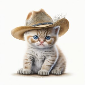 Puede incluir: Un peque&ntilde;o gatito tabby marr&oacute;n claro con ojos azules que lleva un sombrero de vaquero marr&oacute;n con una banda marr&oacute;n y una pluma.