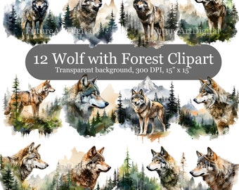 Watercolor Wolf with Forest Transparent Clipart Bundle, 12 Wolf and Forest Sublimation PNG, Nature Clipart with Wolf